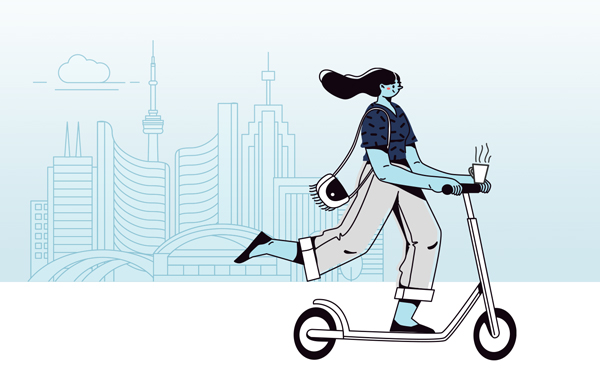 graphic showing a girl on a scooter under a Toronto skyline