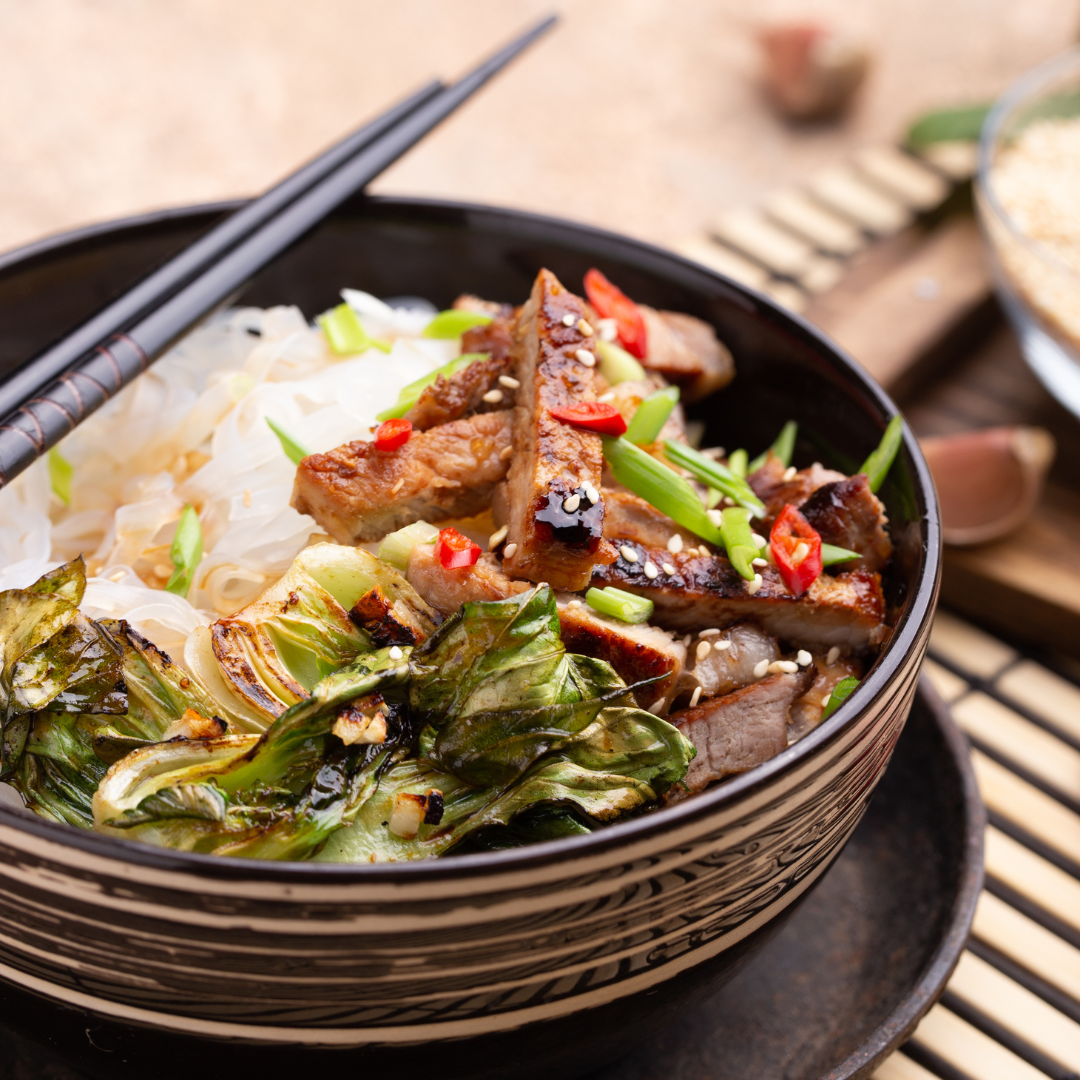 Asian Barbecue Pork With jasmine steamed rice and sauteed bok choy with ginger and garlic